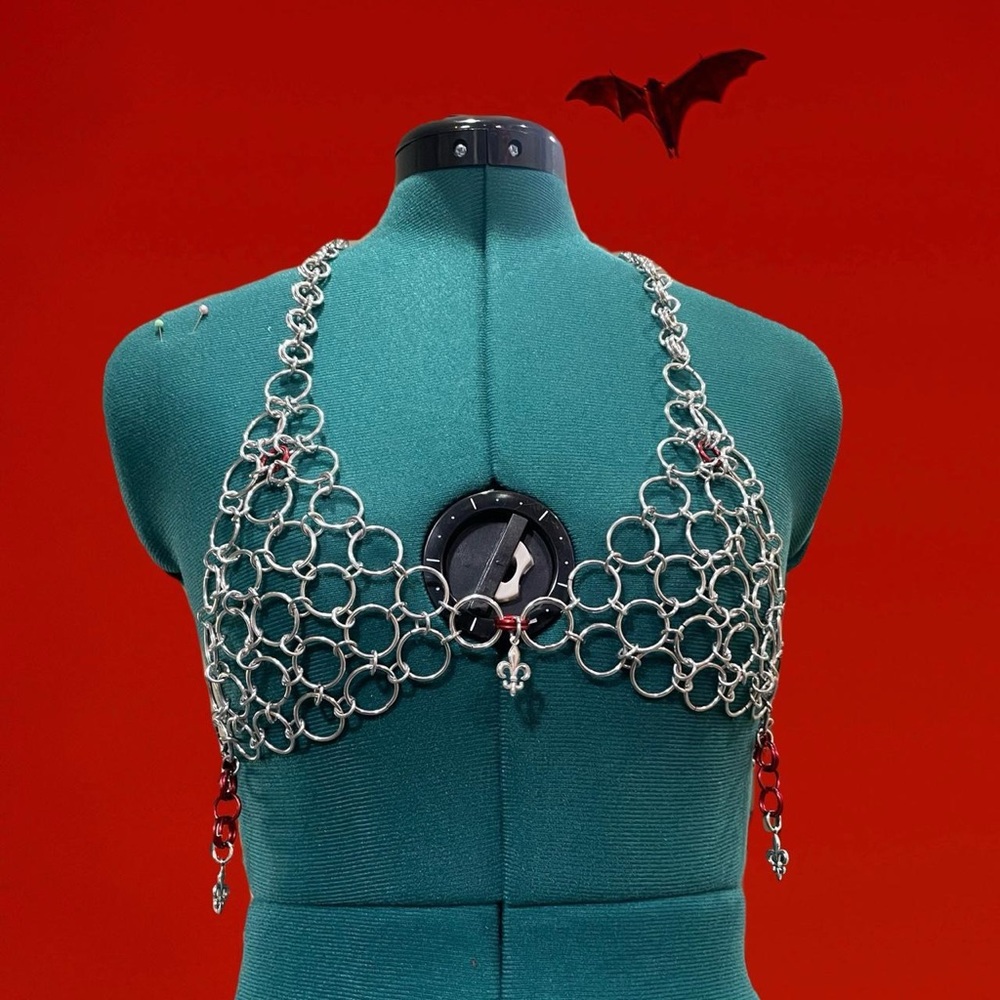 Handmade Chainmail bikini festival top with fleur de lis